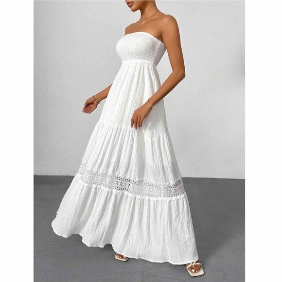 White Strapless Boho Embroidered A-Line Dress Holiday Wedding Romantic Festival - Picture 2 of 12